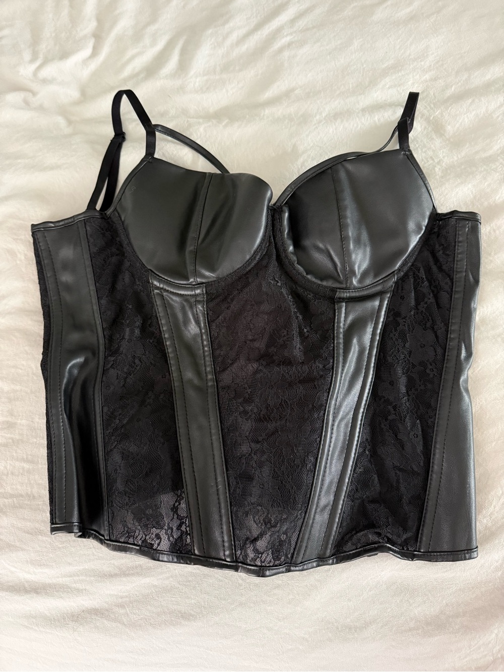 Black Faux Leather & Lace Bustier Top